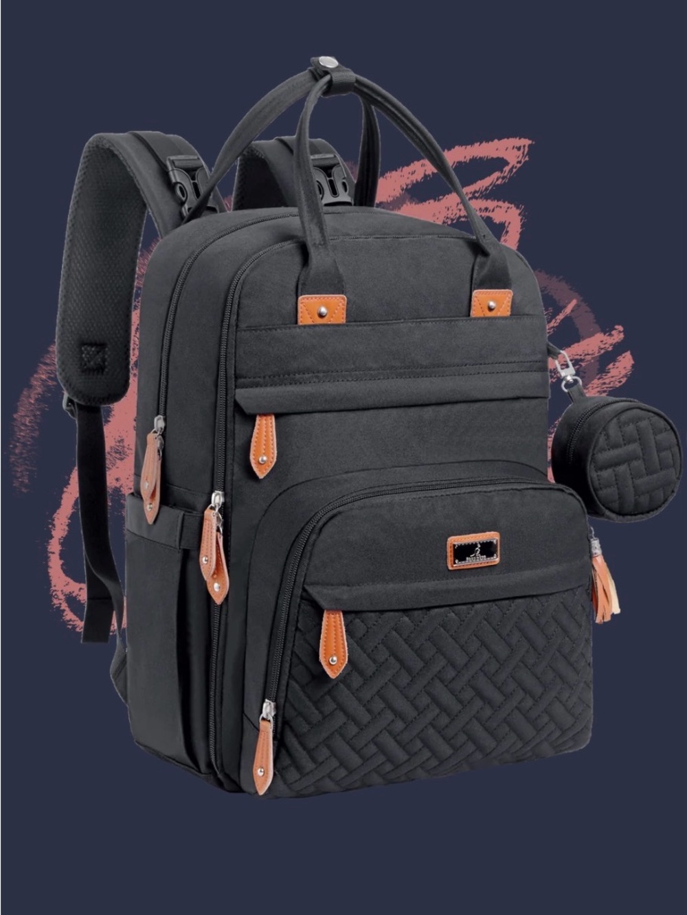 Women's Black Baby Backpack with Tan Accents - Multi-Pocket Organizer
